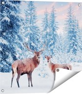 Gards Tuinposter Twee Herten in het Bos met Sneeuw - 60x60 cm - Tuindoek - Tuindecoratie - Wanddecoratie buiten - Tuinschilderij
