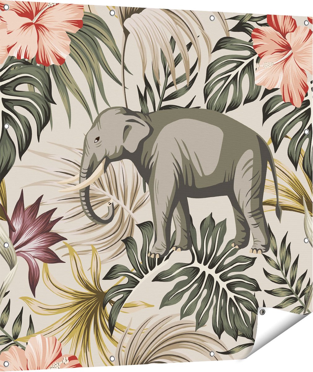 Gards Tuinposter Tropisch Getekende Olifant - Abstract - 110x110 cm - Tuindoek - Tuindecoratie - Wanddecoratie buiten - Tuinschilderij Multikleur