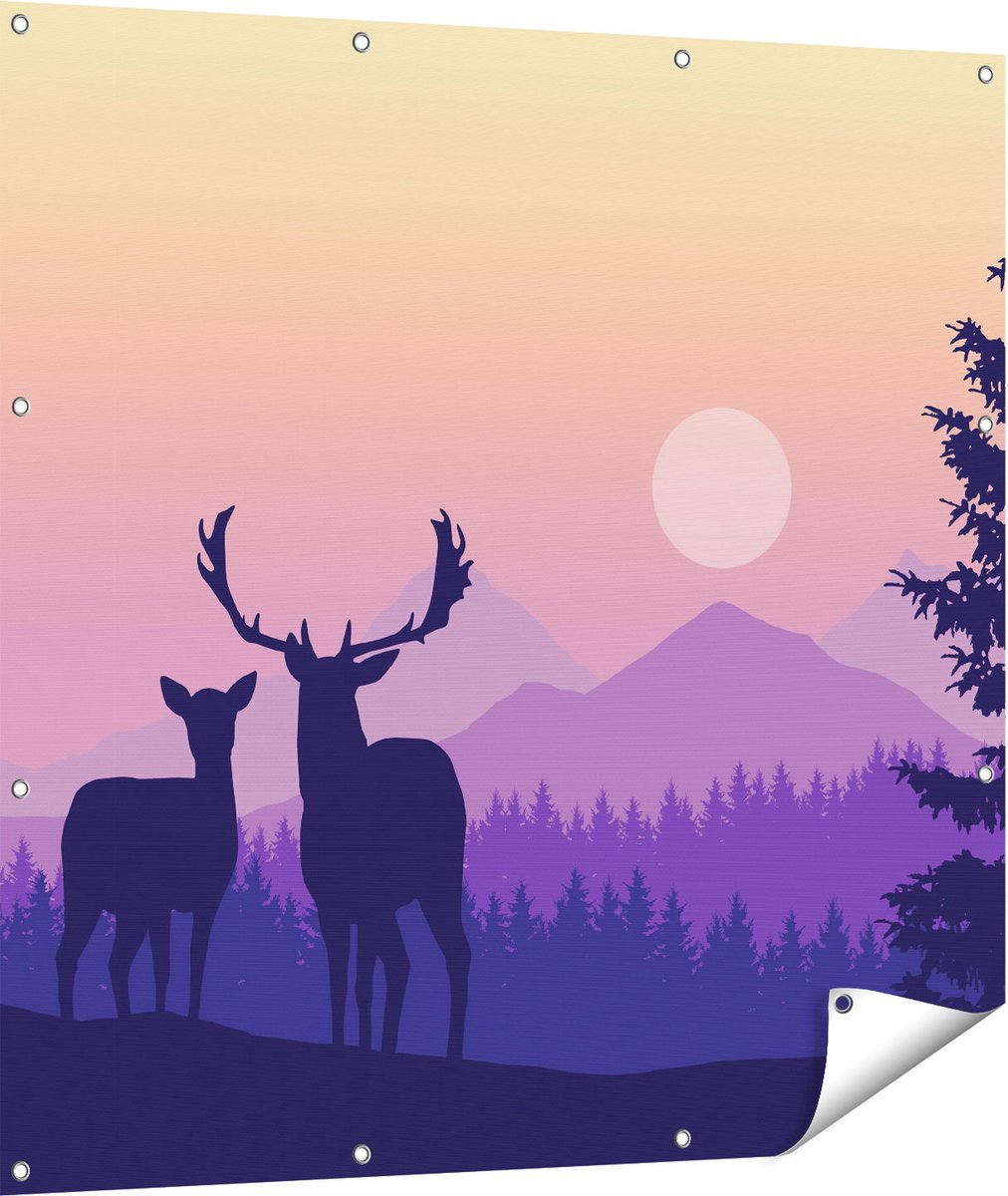 Gards Tuinposter Twee Herten - Zonsondergang - Silhouet - 110x110 cm - Tuindoek - Tuindecoratie - Wanddecoratie buiten - Tuinschilderij Multikleur