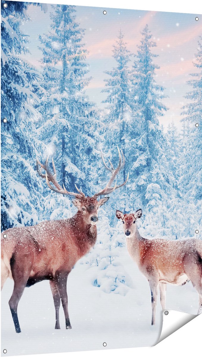 Gards Tuinposter Twee Herten in het Bos met Sneeuw - 100x150 cm - Tuindoek - Tuindecoratie - Wanddecoratie buiten - Tuinschilderij Multikleur
