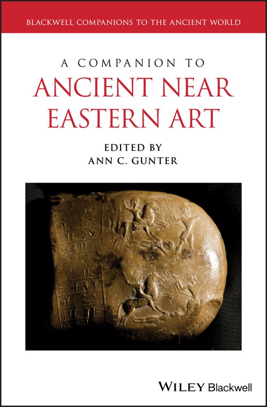 Livre 'A Companion to Ancient Near Eastern Art' avec en premier plan une tablette d'argile avec cunéiforme et représentations d'animaux.