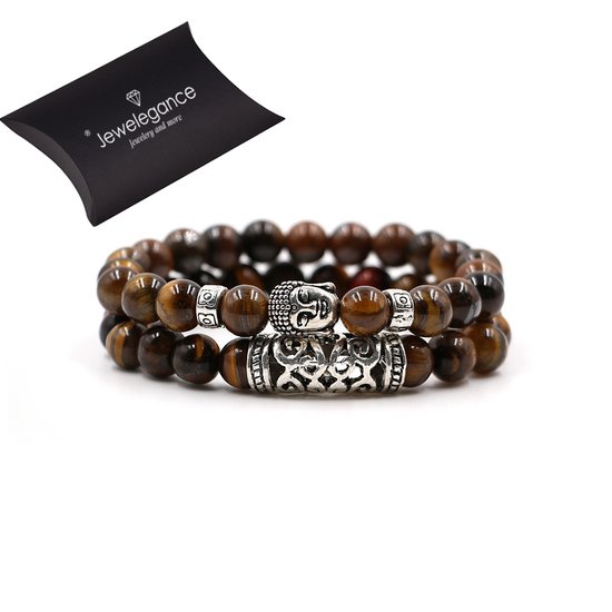 Kralenarmband Buddha Set van 2 - Leuke geschenkverpakking en certificaat van echtheid - Natuursteen Kralen Armband 8mm Rond - Zilver Kleurige Buddha - Elastisch Cadeau voor Hem of Haar - Bruin (Glans) - Jewelegance-