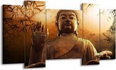 GroepArt - Schilderij - Boeddha - Bruin, Grijs, Wit - 120x65 5Luik - Foto Op Canvas - GroepArt 6000+ Schilderijen 0p Canvas Art Collectie - Wanddecoratie