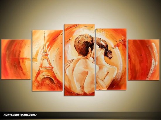 Schilderij -  Parijs - Oranje - 150x70cm 5Luik - GroepArt - Handgeschilderd Schilderij - Canvas Schilderij - Wanddecoratie - Woonkamer - Slaapkamer - Geschilderd Door Onze Kunstenaars 2000+Collectie Maatwerk Mogelijk