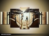 Schilderij -  Afrika - Bruin, Crème - 150x70cm 5Luik - GroepArt - Handgeschilderd Schilderij - Canvas Schilderij - Wanddecoratie - Woonkamer - Slaapkamer - Geschilderd Door Onze Kunstenaars 2000+Collectie Maatwerk Mogelijk