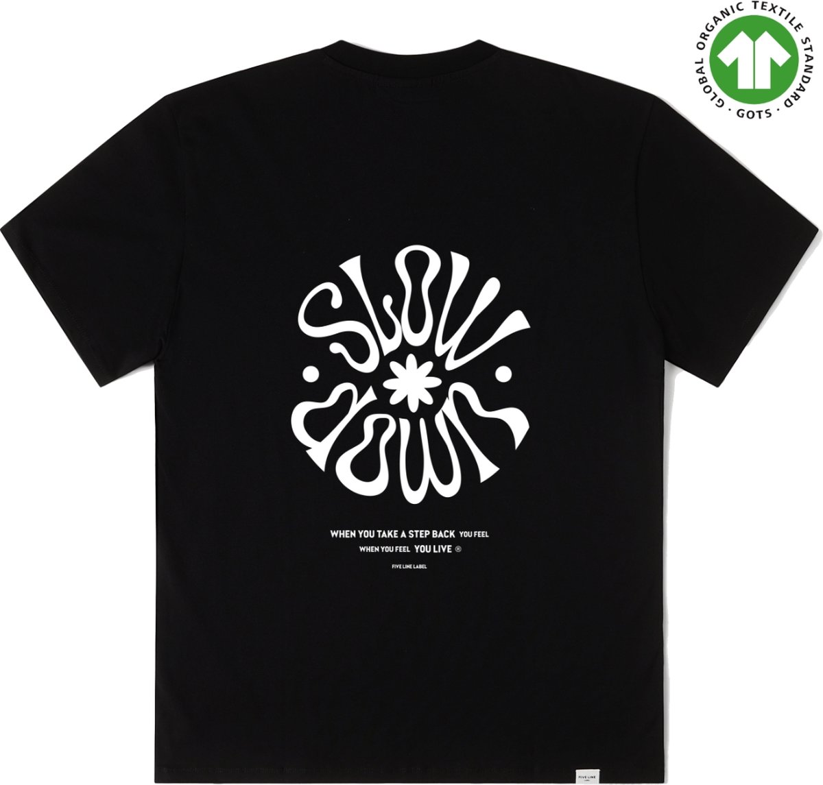 FIVE LINE LABEL - Zwart t shirt met print - Heren - Dames - Biologisch Katoen - Oversized Fit - Maat XS/S