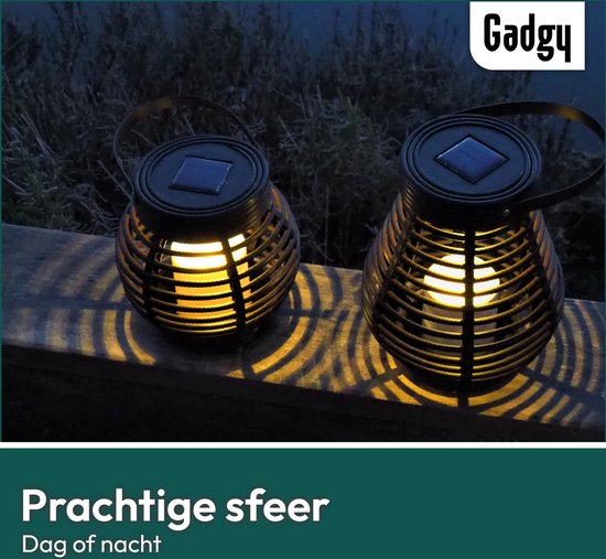 Gadgy Rotan Solar Tafellamp voor buiten - Led Tuinverlichting op Zonneenergie - Tuinlantaarn met Dag/Nacht Sensor - Solar Tuinverlichting - Verlichting voor buiten - Set van 2