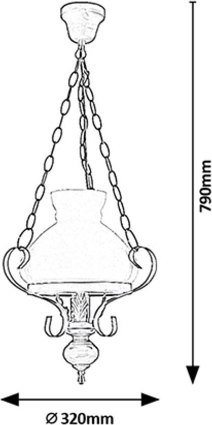 Schets van hanglamp, 790 mm hoog, 320 mm breed, met melkglas en zwarte ketting.