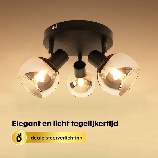 Zwarte plafondlamp met drie spots. Elegant en licht, met glazen bollen.