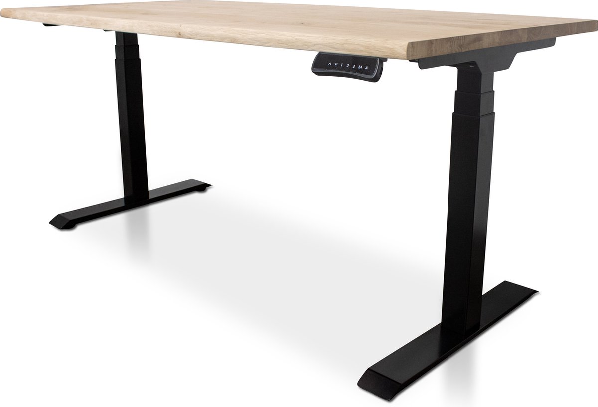 Multi Ratio Zit-sta bureau met massief eiken boomstam blad 120 x 80 cm - MRC PRO NEN-EN 527 - elektrisch verstelbaar - frame zwart - 130 cm hoog - 150KG draagvermogen