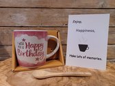 Happy Birthday-Verjaardag-Bamboe Maatlepel-Feest-Gefeliciteerd-jarige job-cadeauset-mok-beker-theemok-koffiebeker-giftset-vrouwencadeau-mannencadeau-hieper de piep
