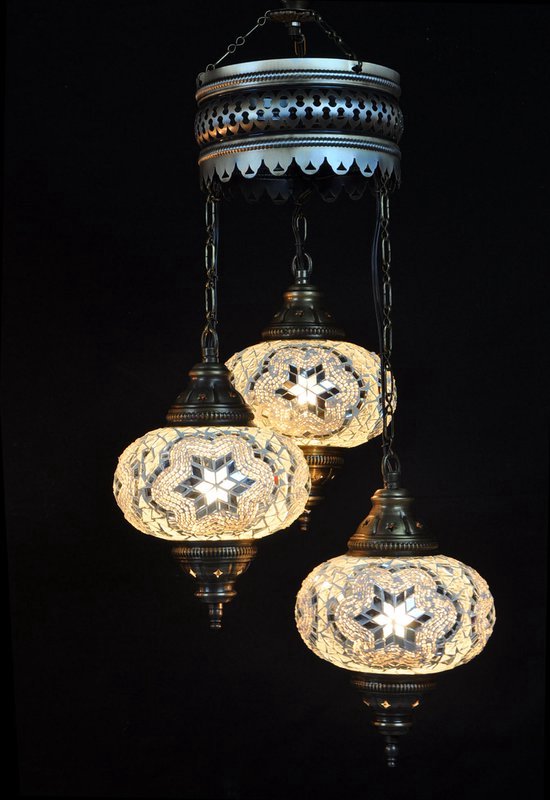 Lampe Turque Suspension Mosaique Marocain Oriental Handgemaakt Lustre Wit 3 ampoules