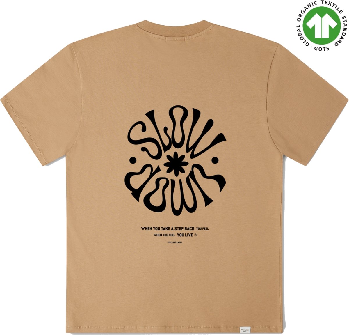 FIVE LINE LABEL - Beige t shirt met print - Heren - Dames - Biologisch Katoen - Oversized Fit - Maat XS/S