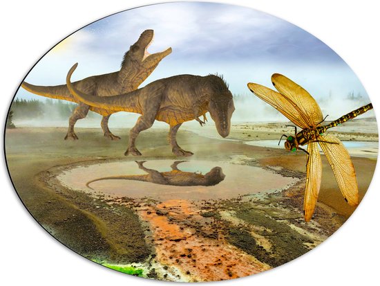 Dibond Ovaal - Dinosaurussen bij Water in de Prehistorie - 68x51 cm Foto op Ovaal (Met Ophangsysteem)