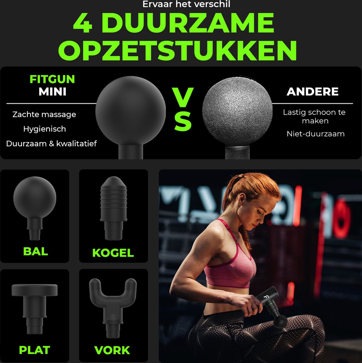 Afbeelding 3 van FitGun Mini Massage Gun Incl. E-book en 4 Opzetstukken - 3 Intensiteiten - Stille Motor - Duurzame Batterij - Triggerpoint Massage Apparaat - Spier Stimulator Pistool voor Optimaal Spierherstel - Zwart