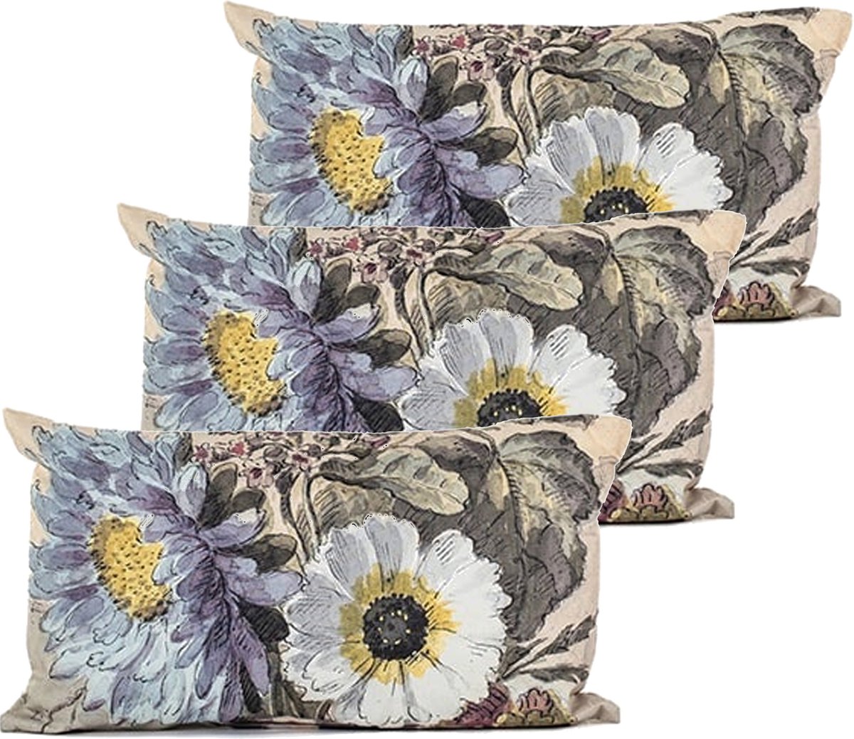 Anna's collection buitenkussen bloem - 3x - Creme/wit - 30 x 50 cm - Water en UV bestendig