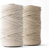 Ledent macramé touw, (3mm, 2 x 120M, ecru & zand), dubbel getwist, set van 2 - 100% geregenereerd katoenkoord - Macramé touw in verschillende kleuren om mee te knutselen.