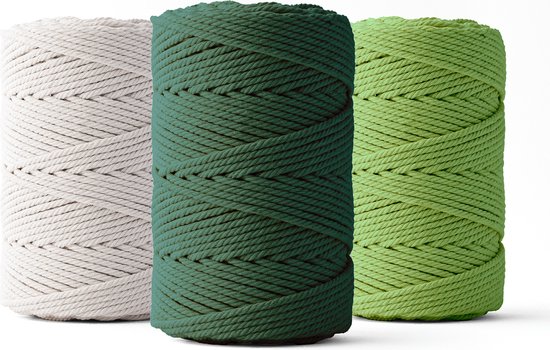 Ledent macramé touw, (2mm, 3 x 70M), set van 3, dubbel getwist - 100% geregenereerd katoenkoord - Macramé touw in wit, donkergroen & lichtgroen om mee te knutselen.