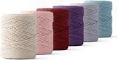 Ledent macramé touw, dubbel getwist (1mm, 6 x 65M) - 100% geregenereerd katoengaren - Macramé touw in paarse en roze tinten, set van zes om mee te knutselen.
