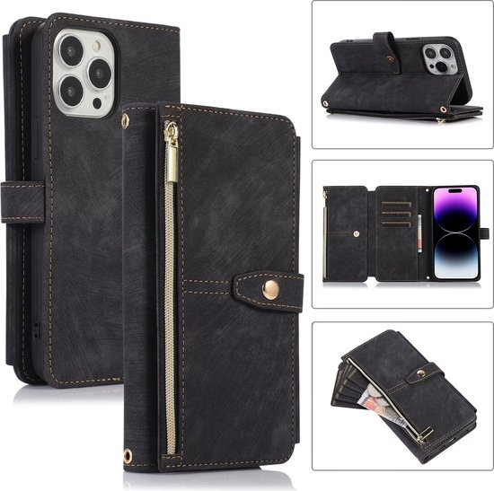 Set van zwart kunstleren telefoonhoesjes voor iPhone 12 Pro. Toont het hoesje open met pasjes en gesloten met rits.
