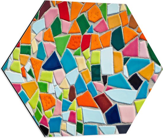 Dibond Hexagon - Mozaïek van Verschillende Kleuren - 60x52.2 cm Foto op Hexagon (Met Ophangsysteem)