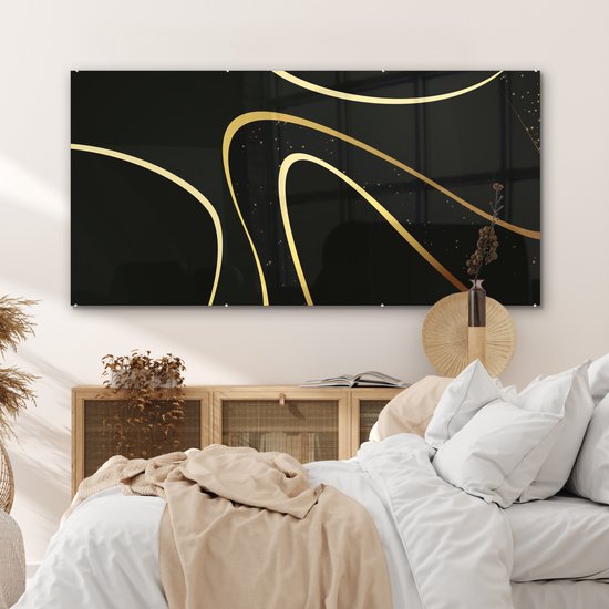 MuchoWow® Peinture sur verre 160x80 cm - Peinture sur verre acrylique - Vagues dorées sur fond noir - Photo sur verre - Peintures