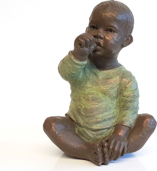 Geert Kunen / Skulptuur / Beeld / Baby met duim in de mond - Groen / bruin / goud - 19 x 17 x 28 cm hoog.