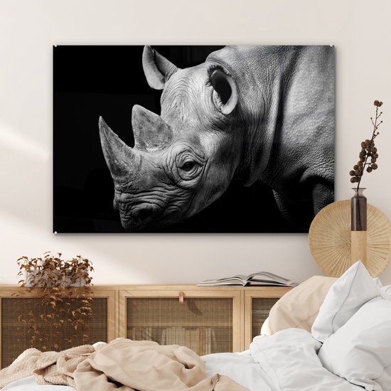 MuchoWow - Peinture sur verre - Photo sur verre - Peinture sur verre - Verre acrylique - Animaux - Rhinocéros - Zwart - Wit - Décoration murale - 90x60 cm - Salon - Décoration murale animaux - Décoration maison