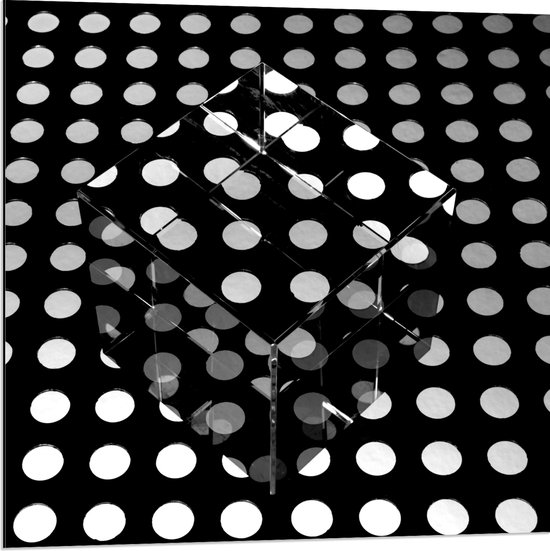 Dibond - Doorzichtige Kubus op Ondergrond van Witte Stippen op Zwarte Ondergrond - 80x80 cm Foto op Aluminium (Wanddecoratie van metaal)
