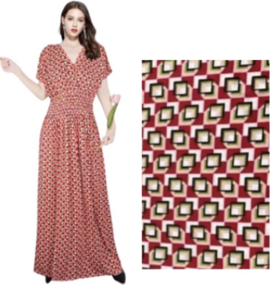 Dames maxi jurk met blokprint L/XL Rood/roze/groen - Merkloos