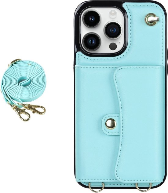 Hoesje geschikt voor iPhone 14 Plus - Backcover - Koord - Pasjeshouder - Portemonnee - Kunstleer - Lichtblauw