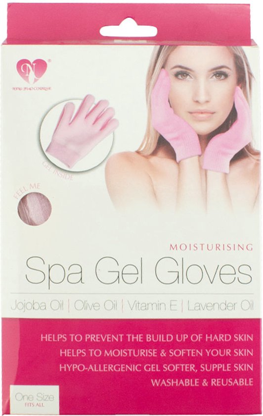 Verpakking van roze spa gel handschoenen met een vrouw.