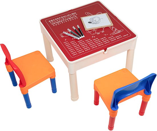 Kindertafel met 2 Stoeltjes - Speeltafel met bouwplaat en vlakke kant - Geschikt voor Lego® & Duplo® Bouwstenen