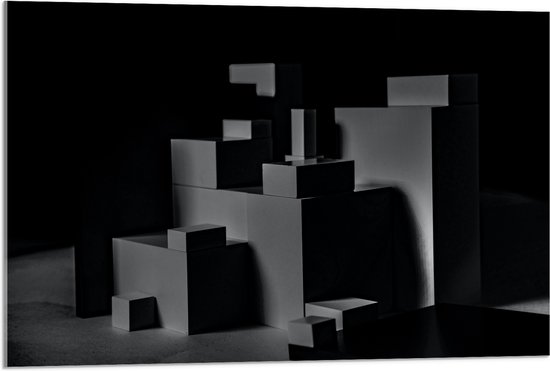 Acrylglas - Opgestapelde Balken en Blokken in Donkere Omgeving - 90x60 cm Foto op Acrylglas (Met Ophangsysteem)