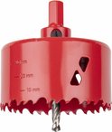 Rode Wolfcraft gatenzaag met boor, met markeringen 10, 20, 30 mm en scherpe tanden.