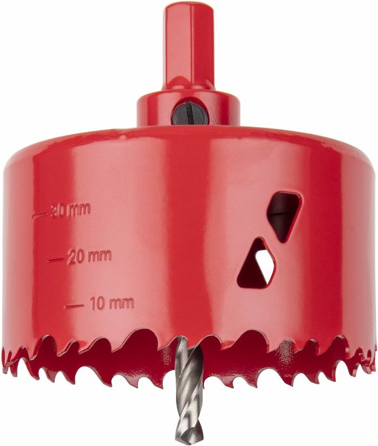 Rode Wolfcraft gatenzaag met boor, met markeringen 10, 20, 30 mm en scherpe tanden.