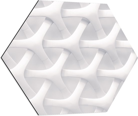 Dibond Hexagon - Kruisend Wit Patroon op Witte Achtergrond - 70x60.9 cm Foto op Hexagon (Met Ophangsysteem)