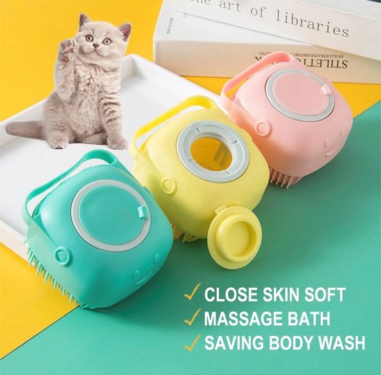 Dierenborstel - shampoo dispenser - douche/bad - vachtverzorging - borstel - honden wasborstel - borstel met zeep - hond en kat - Roze - Merkloos