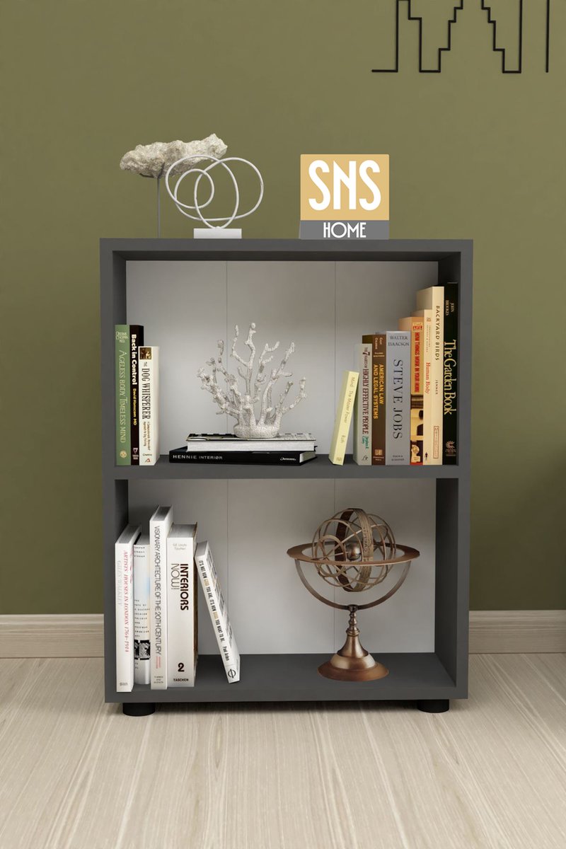 SNS Home - 13-05 - Decoratieve Boekenkast - Boekenkast met 2 Planken - Moderne Spaanplaat Boekenkast - Houten Boekenkast - Antraciet