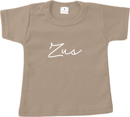Baby t-shirt korte mouw - Zus - Beige - Maat 86 - Zwanger - Geboorte - Big Sister - Grote Zus - Aankondiging - Zwangerschapsaankondiging - Peuter - Dreumes