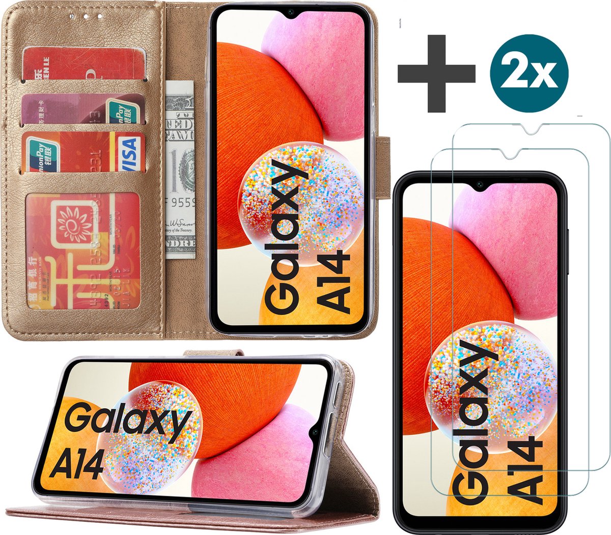 Arara Hoesje geschikt voor Samsung Galaxy A14 (5G/4G) hoesje - bookcase met pasjeshouder + 2x Screenprotector tempered glass - Goud