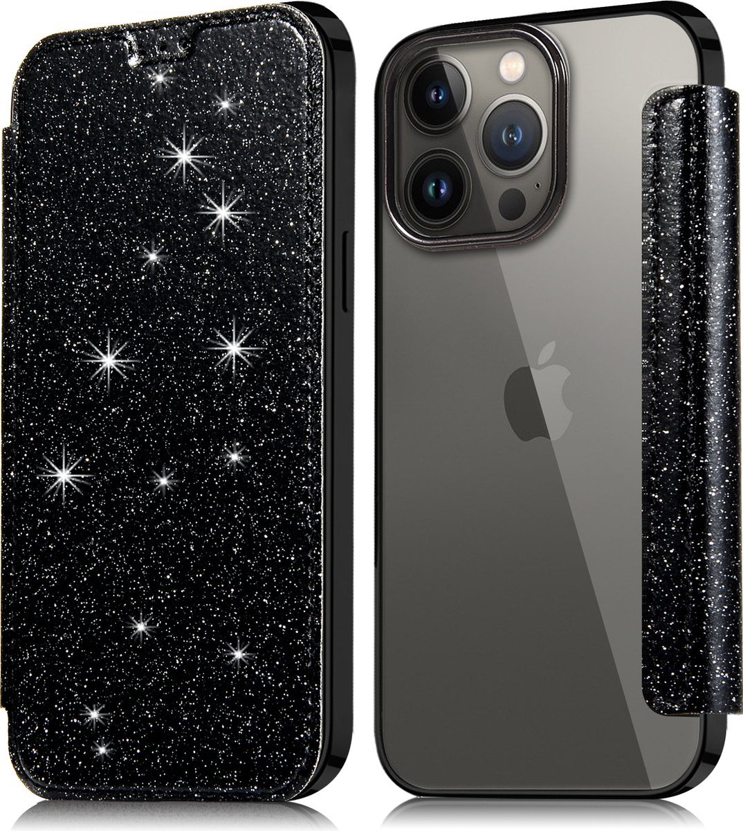 Flip Case Geschikt voor Apple iPhone 14 - Zwart - Glitters - Folio Hoesje