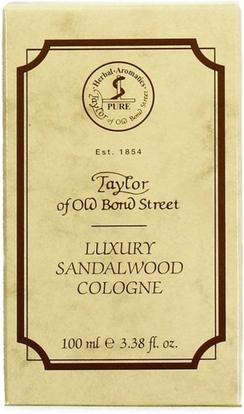 Taylor of Old Bond Street Sandalwood Cologne, 100 ml. Gouden doos met tekst.