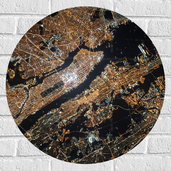 Muursticker Cirkel - Sattelliet Foto van Verlichte Stad - 60x60 cm Foto op Muursticker