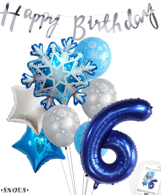 Cijferballon 6 Blauw - Frozen - Ijssterren - Ballonnen Pluspakket - Slinger Feestvieren - Verjaardag Snoes