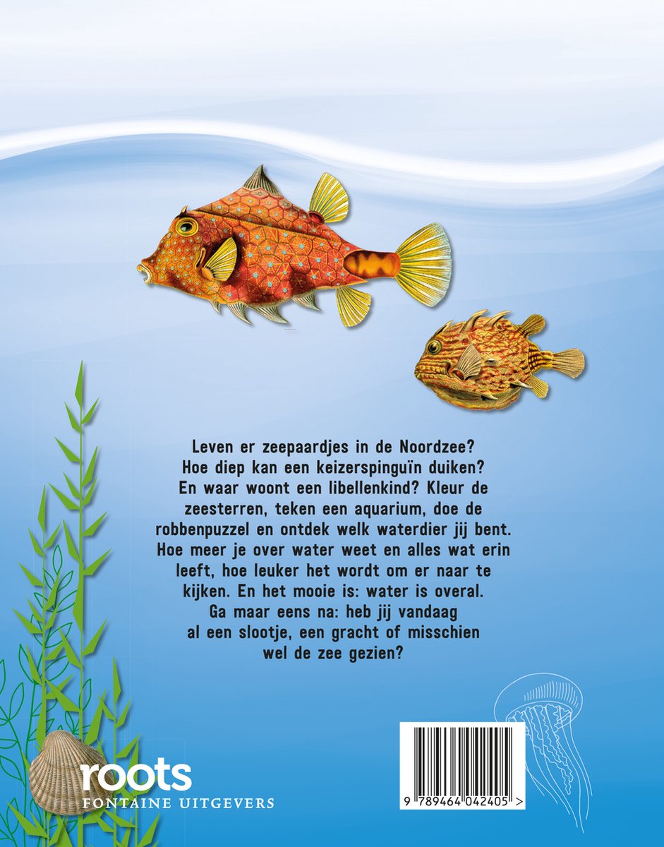 Achterkant van een kinderboek met een oranje vis, een kleine gele vis en een kwall.