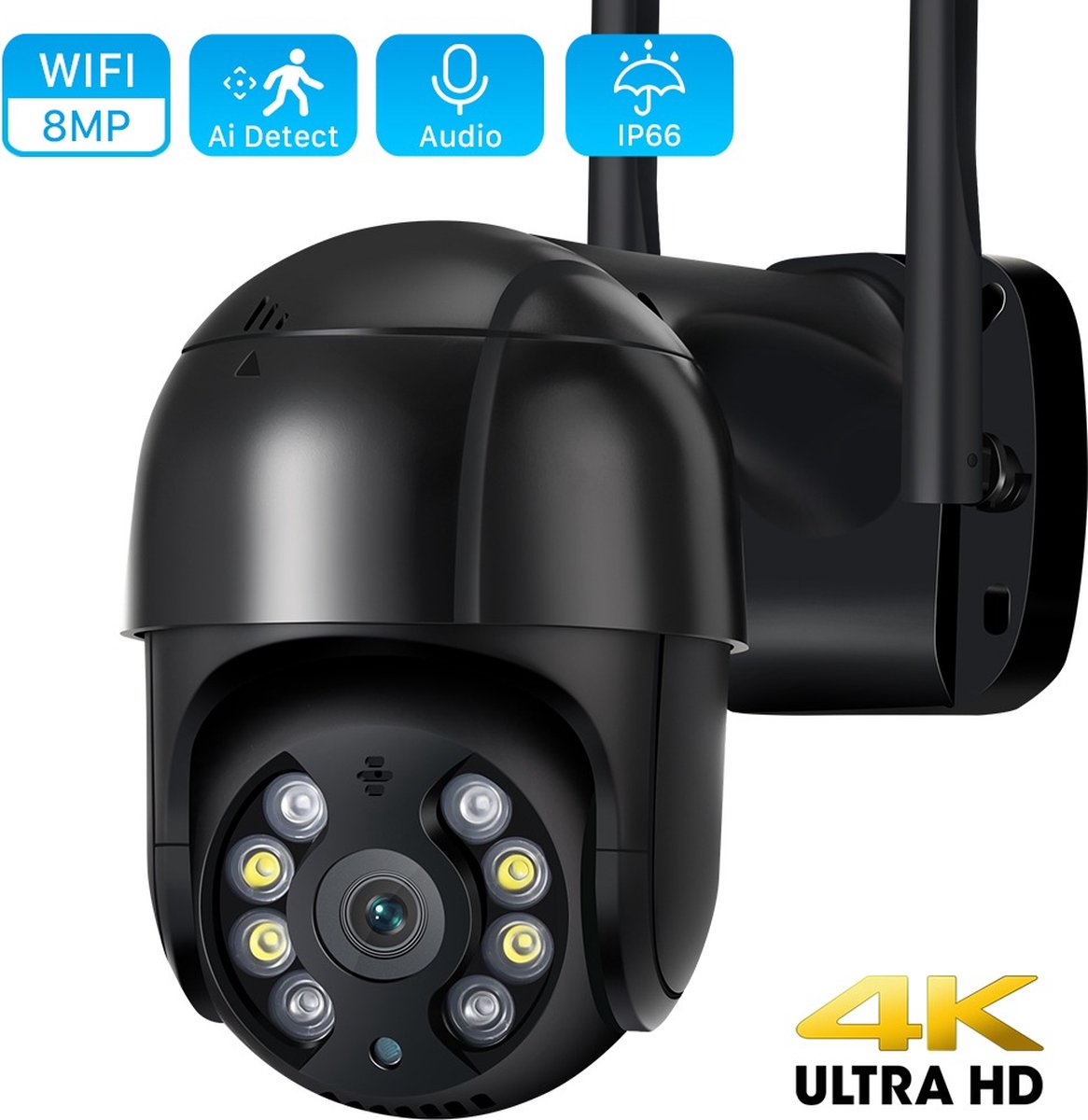 TechU™ Beveiligingscamera voor Buiten – 4K 8MP met Wifi – Draadloos – Nachtzicht & Audio – Bewakingscamera met 64GB Geheugen – Zwart
