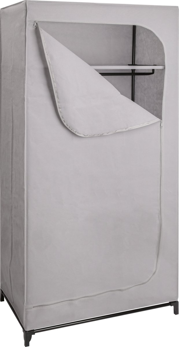 SPACEO - Stoffen kledingkast HIPSO - Metalen kledingroede en plank - H.160 cm x L.75 cm x B. 45 cm - Grijs - Opberger voor kleding - Kledingkast - Opvouwbare kledingkast