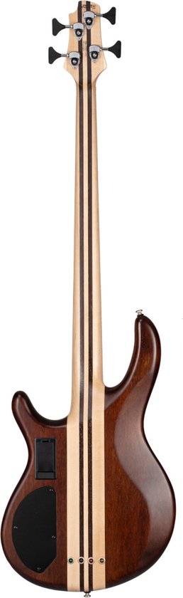 Bruine basgitaar met esdoornhouten strepen op de achterkant.