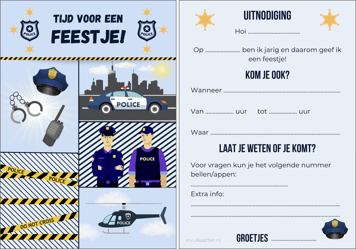 Uitnodiging kinderfeestje | 12 stuks | uitnodigingskaarten | uitnodiging verjaardag | uitnodiging feest | uitnodiging kinderfeestje jongen | uitnodiging kinderfeestje meisje | uitnodiging feestje | uitnodiging kinderfeestje prinses | politie